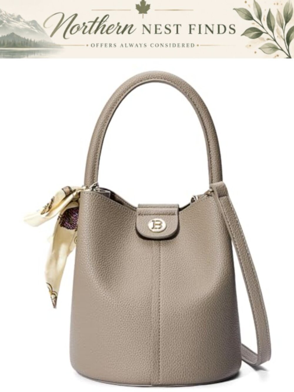 Small Bucket Crossbody Bag with Silk Scarf & Removable Strap